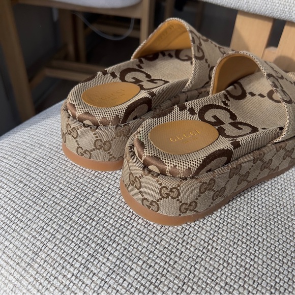 NWOB Gucci Angelina GG Logo Jacquard Coated Canvas Platform Slides Sandals - Picture 7 of 11